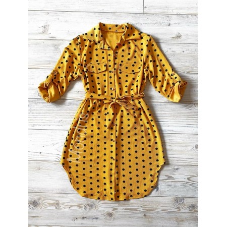 Rochie ieftina casual stil camasa galben cu puncte mari si cordon in talie